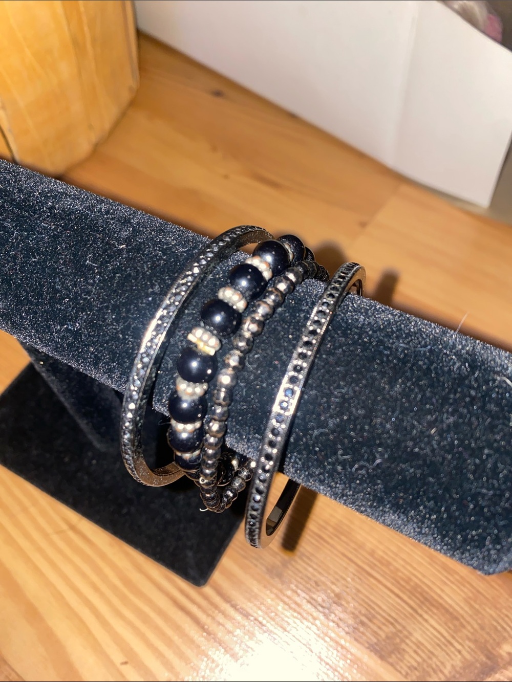 Black Beaded & Metallic Stackable Bracelet Set